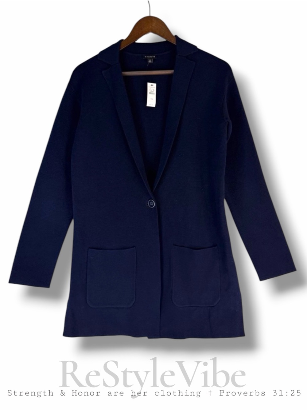 TALBOTS Women’s Size XS Blazer Style Cardigan Sweater Knit NWT Navy Pockets